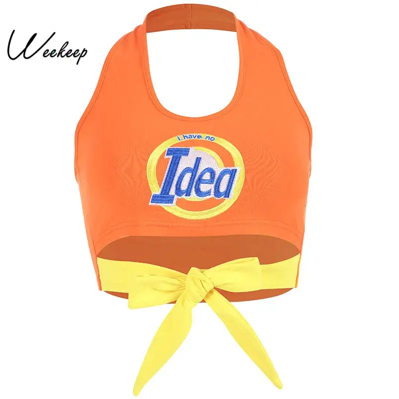 

Weekeep Women Cropped Halter Tank Top Hollow Out Bow Backless Crop Top Summer Streetwear Orange Tank Tops 2019