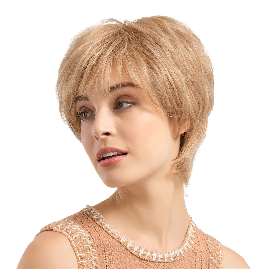 

Factory price 1pc Women Fashion Lady Yellow Straight Hair Hairstyle Human Hair Wigs 24cm Cosplay Party Wigs Stand Jan25