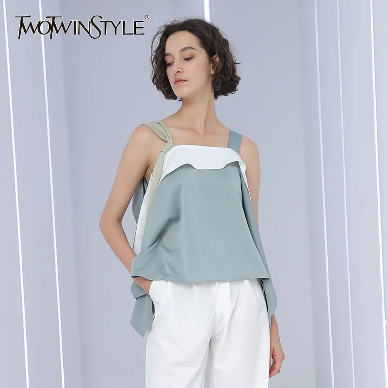 

TWOTWINSTYLE Lace Up Shirt For Women Sexy Off Shoulder Spaghetti Strap Ruffles Patchwork Irregular Blouse Summer Korean Clothing