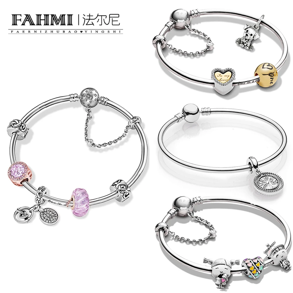 

FAHMI 100% 925 Sterling Silver Family Tree Bangle Gift Set Fun Childhood Love Knot Only Love Everlasting Bracelet Set