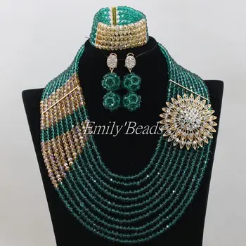 

Teal Green/Gold High Quality African Bridal Beads Necklace Jewelry Set African Costume Nigerian Wedding Jewelry Set AIJ469