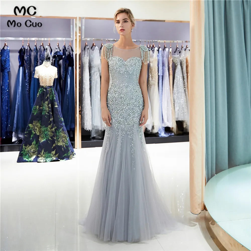 

Luxuries Mermaid Prom Dresses with Beaded Crystals Cap Slevees Tulle Sweep Train Evening Gown Prom Dresses Custom Made