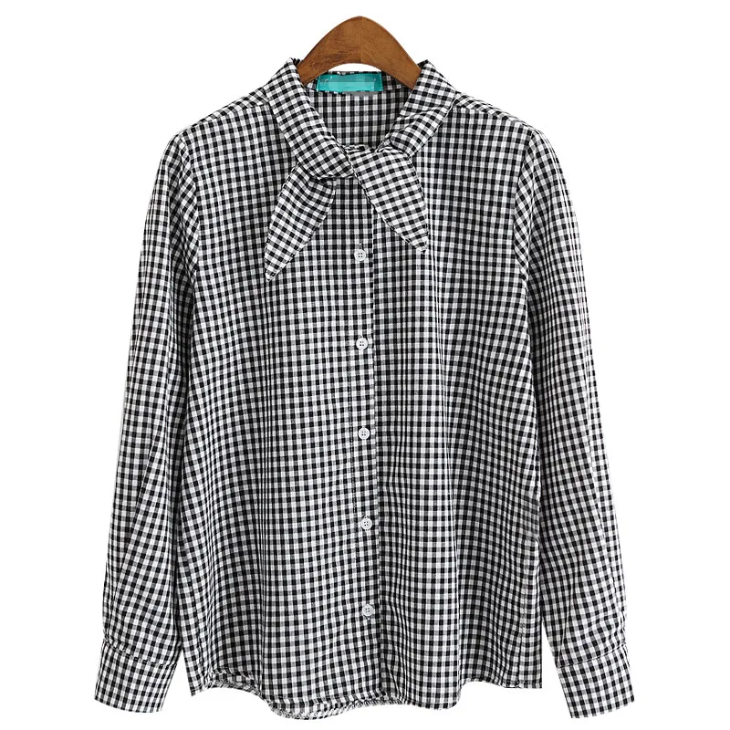Bow Tie Collar Plaid Blouse Spring Preppy Style Long