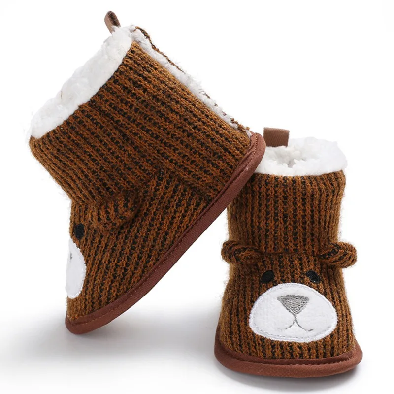 Теплые зимние ботинки для малышей; зимние вязаные ботинки с милым рисунком медведя для новорожденных