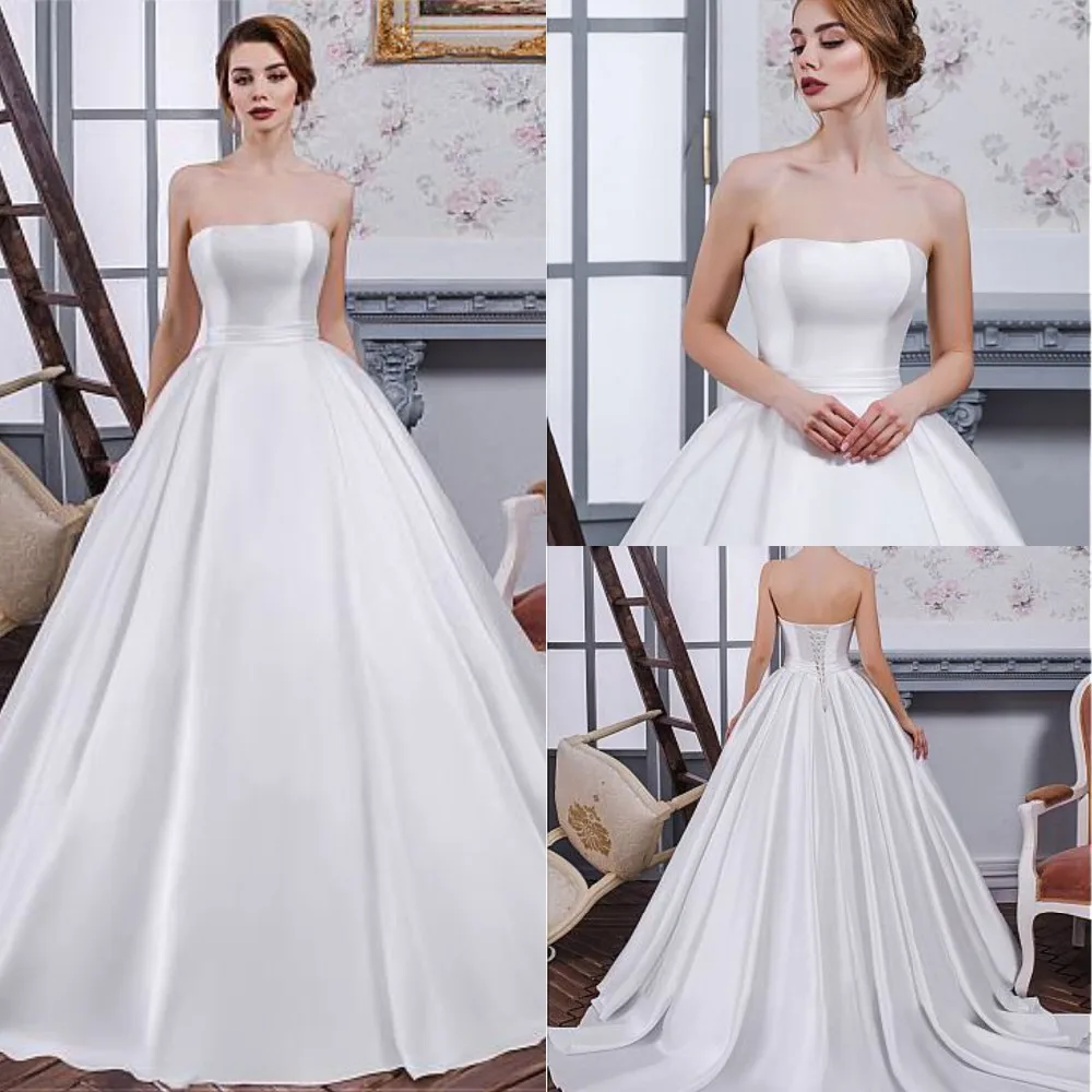 Fabulous Satin Strapless A Line Wedding Dress Pure White Floor Length