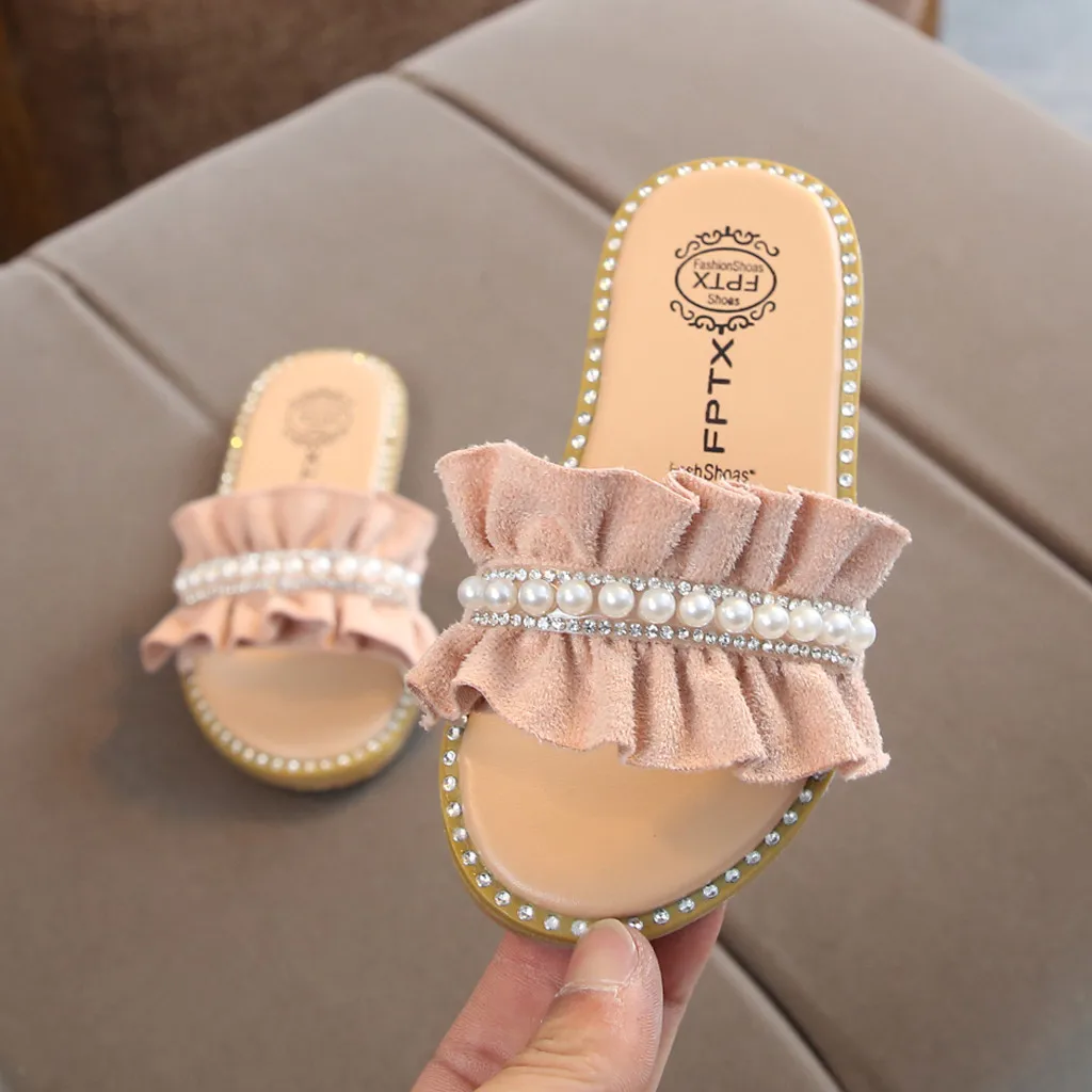 Детская обувь для маленьких девочек с жемчужинами, кристаллами и оборками; обувь для принцессы сандалии; тапочки с кристаллами; обувь принцессы в римском стиле для девочек