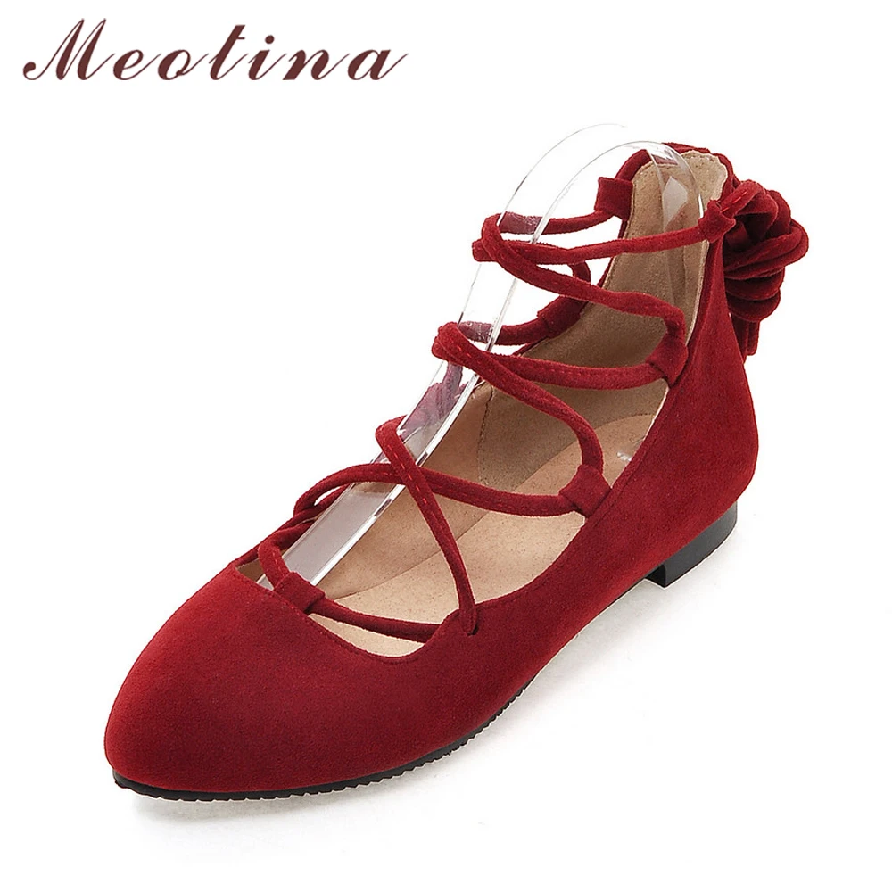 Meotina/Летняя обувь; женские балетки; обувь на плоской подошве с острым носком; гладиаторы на шнуровке; женская модная обувь; Цвет Красный; сезон весна; размер 43