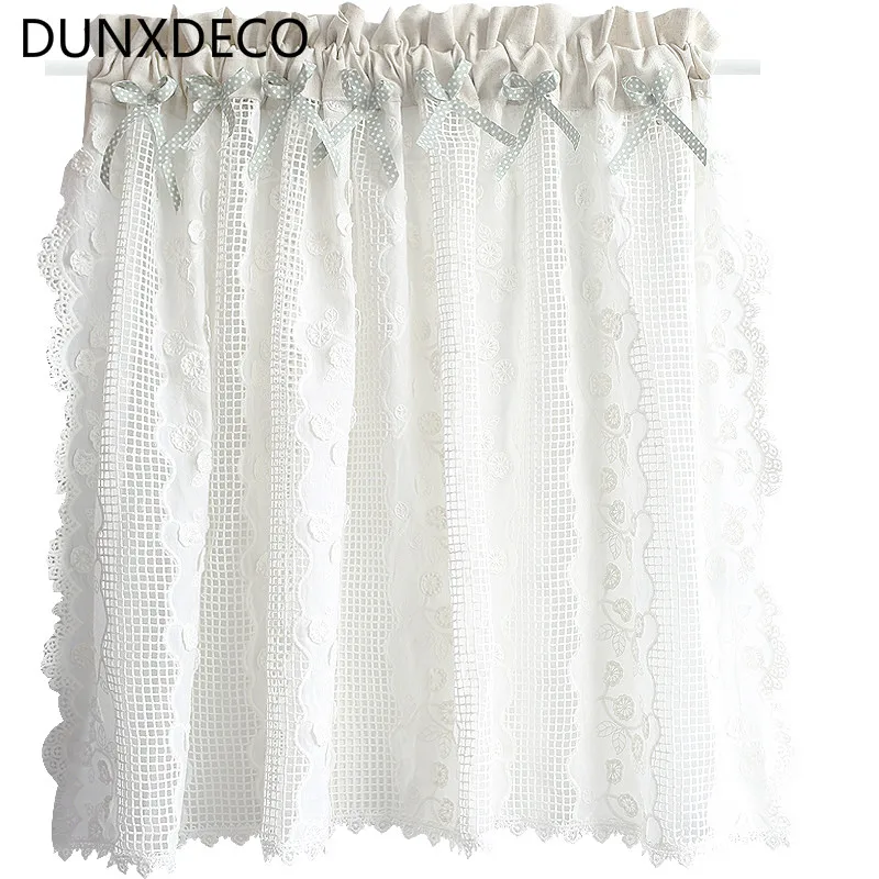 

DUNXDECO Short Curtain For Kitchen Door Half Cortinas French Romantic White Lace Hollow-Out Thin Rideau Home Holiday House Deco
