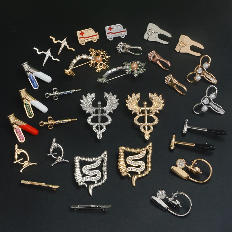 

Gold Silver Medical Pins Brooches collection Crystal Caduceus ambulance Lapel Metal pin for Doctor Nurse syringe tooth Jewelry