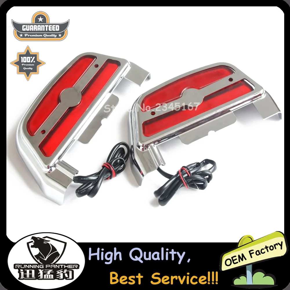 One Pair Chrome Led Red Light Passenger Footrest Floorboard Cover Kit