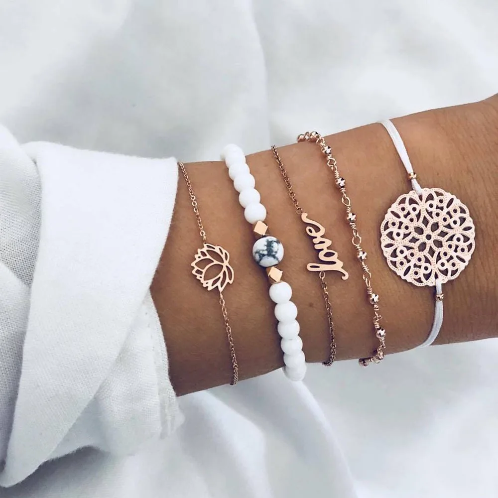 Fashion Women Bracelet Set Bohemia Jewelry Vintage Boho Turtle Map Charm Bracelets& Bangles For Girl Bead Chain Accessories - Окраска металла: S5-5PCS Love