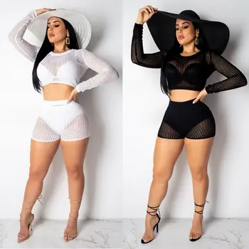 

Women Hollow Out Mesh Set Hooded Long Sleeves Shorts Bodycon Transparent See Through Party Club Street Wear Two Pieces Sets
