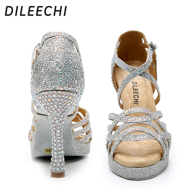 DILEECHI Latin Dance Shoes Women Silver GLITTER Rhinestone Salas Ballroom dancing Shoes width Heel 10cm Waltz with platform 15mm