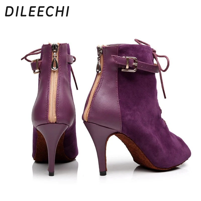 women's Black Purple velvet Genuine leather Latin dance boots high heels Party Spot zipper on back shoes dance shoes