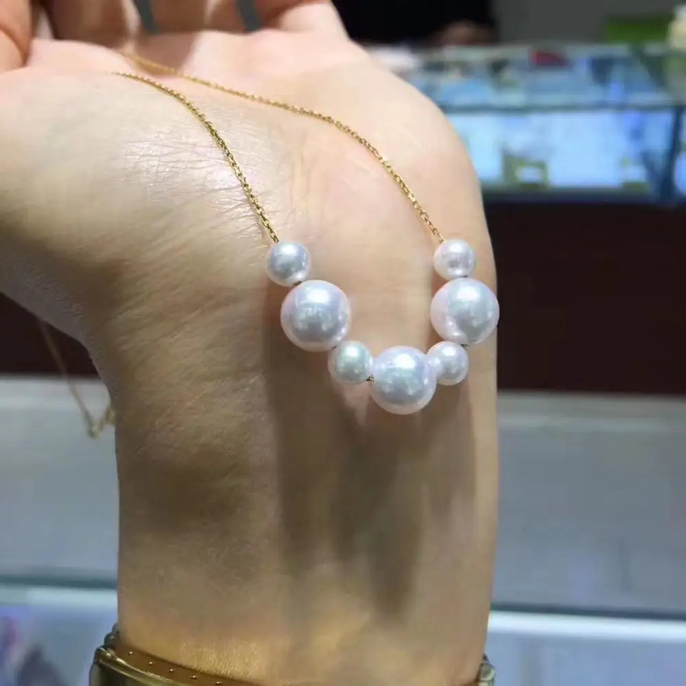 

free shipping gorgeous 7-11mm south sea round white pearl necklace 18inch solid gold chain