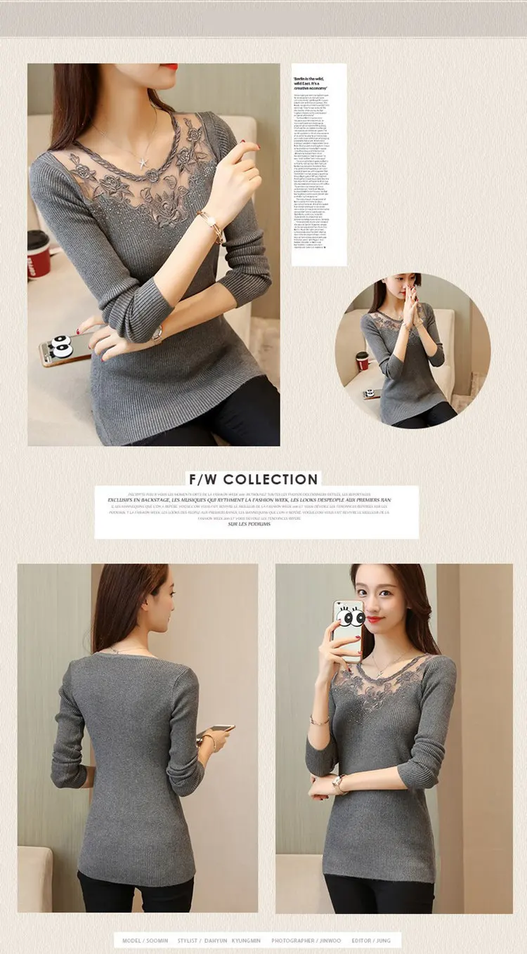 Personality Diamonds Sweater Women Sexy Lace Mesh Patchwrok Sweater Autumn Casual O-neck Knitted Sweaters And Pullovers 2019 (6)