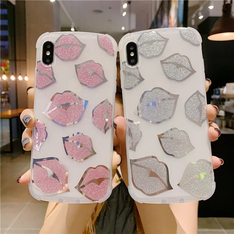 

KJOEW IMD Phone Case For iPhone 6 6S 7 8 Plus Shiny Lip Love Heart Glitter The For Case For iPhone X XR XS Max Cover Back Case