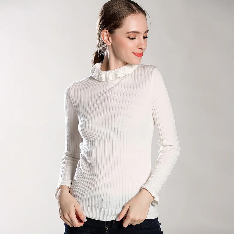 Women's 100% Cashmere Floral Collar Ruffled Neck Allover Ribbed ...