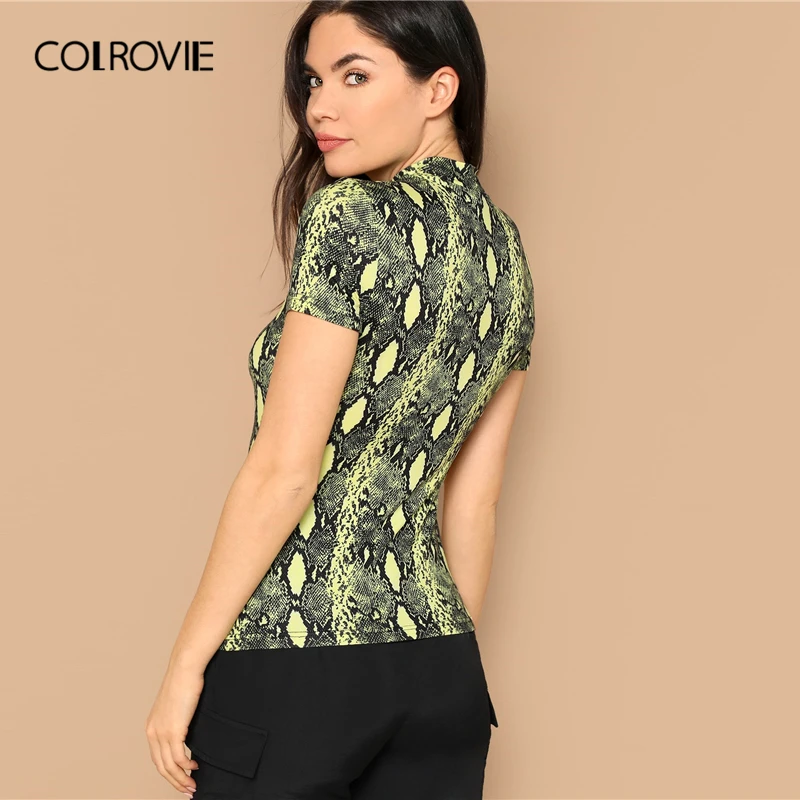 COLROVIE Stand Collar Neon Yellow Snake Skin Print Fitted T-Shirt Women 2019 Spring Short Sleeve Casual Tops Office Female Tees COLROVIE Stand Collar Neon Yellow Snake Skin Print Fitted T-Shirt Women 2019 Spring Short Sleeve Casual Tops Office Female Tees
