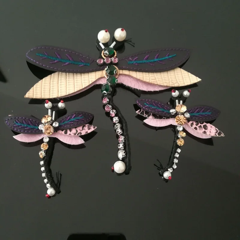 

3pcs (2pcs small +1pcs big) Dragonfly Green Beaded Patches Handmade Sew on Patch Applique Jacket Shoes Patches Z1372