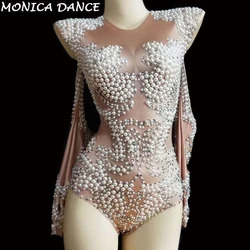 Women Sexy Stage Pearls Dance Costume Long Sleeve Bodysuit Women Outfit Pary Celebrate Bodysuit Nightclub Female Singer Leotard