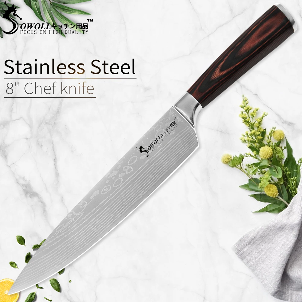 

Sowoll Stainless Steel Knife Damascus Pattern Sharp Blade Color Wood Handle Chef Slicing Santoku Utility Paring Knives Pattern10