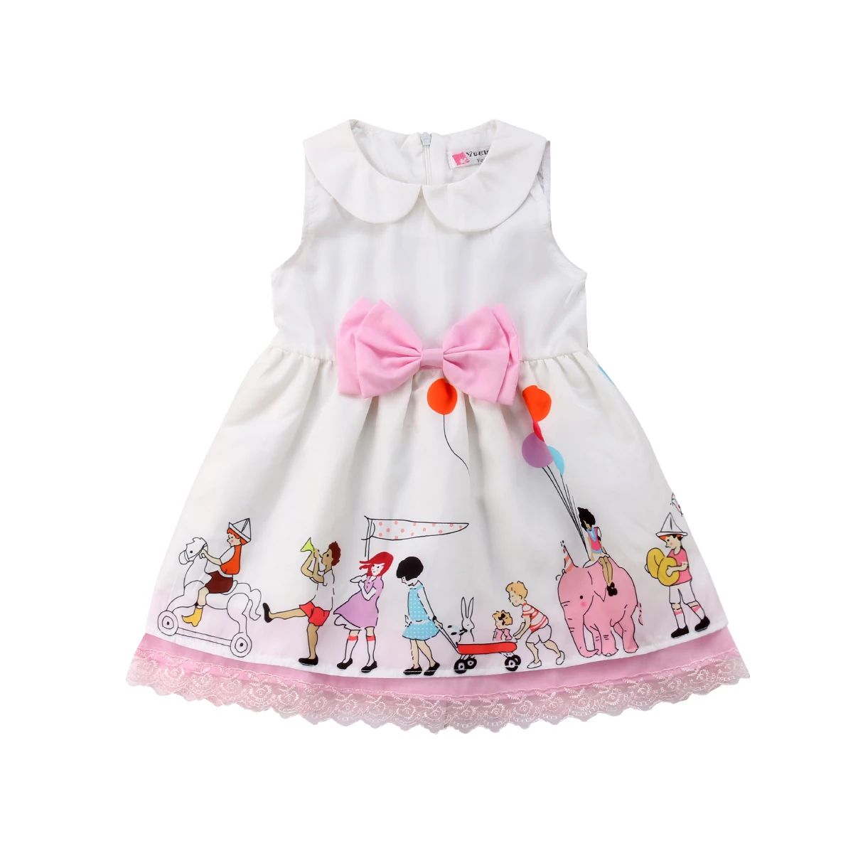 

Cute Newborn Kid Baby Girls Lace Bowknot Sleeveless Printing Ruffles Zipped Princess Party Ball Gown Dress Sundress 1-5Y
