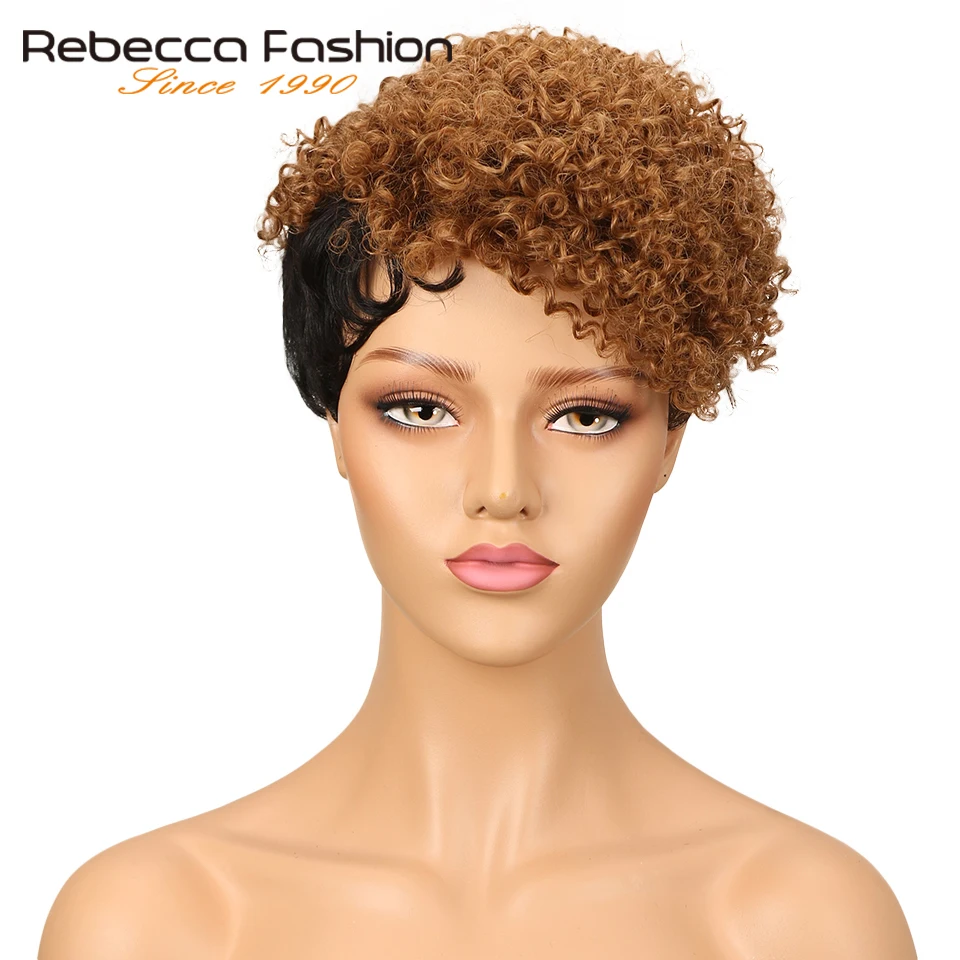 

Rebecca Short Kinky Curly Wig Brazilian Remy Human Hair Curly Wigs For Black Women Mix Brown Red Wine 10 Colors Free Shipping