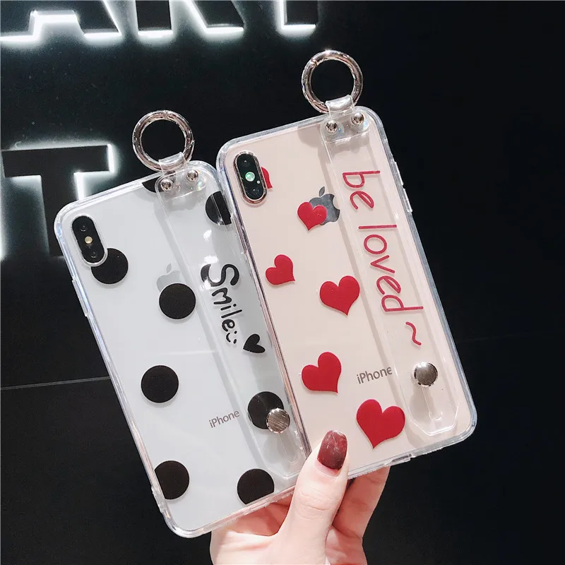 

Fundas Love Heart Holder Stand Phone Case for iphone X XR XS Max Wristband Wave point Cover On iphone 6 6S 7 8 Plus Capa