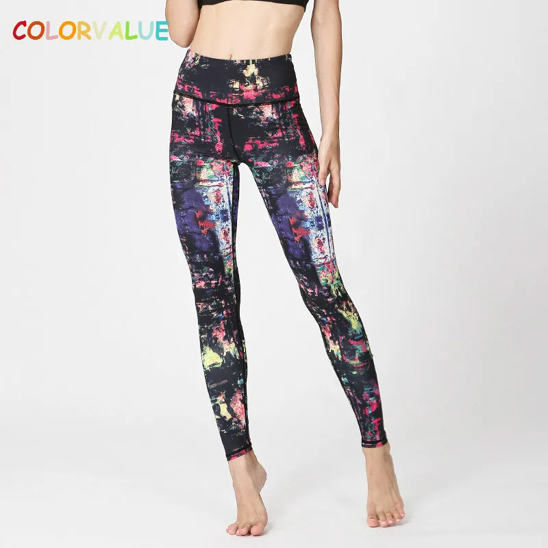 

Colorvalue Stretchy Printed Yoga Leggings Women Sportswear Quick Dry Dance Running Tights Widen Waistband Gym Athletic Leggings