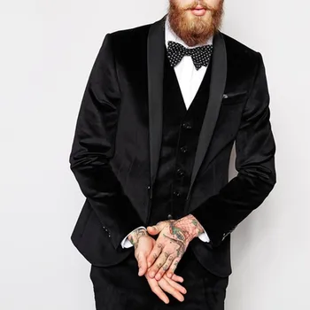 

2017 black velvet Men Wedding Suits Party Dress mens Suits Tuxedos Business Men Suit Blazer Office Wear (Jacket+Pants+Vest+Tie)