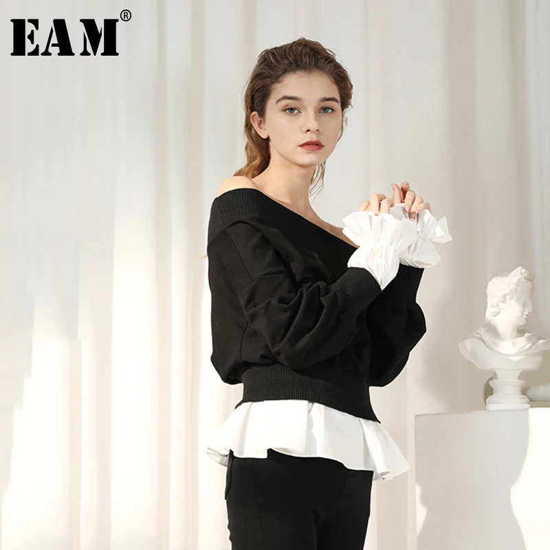 

[EAM] 2019 New Spring Summer Slash Neck Long Flare Sleeve Spliced Pleated Temperament Sweatshirt Women Fashion Tide JY098
