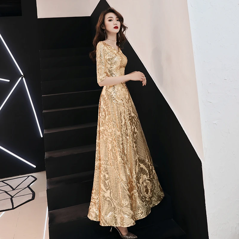 2019 Gold Wine Red Evening Dresses Long Elegant V-neck A-line Floor-Length Sequined Formal Evening Gown LF154