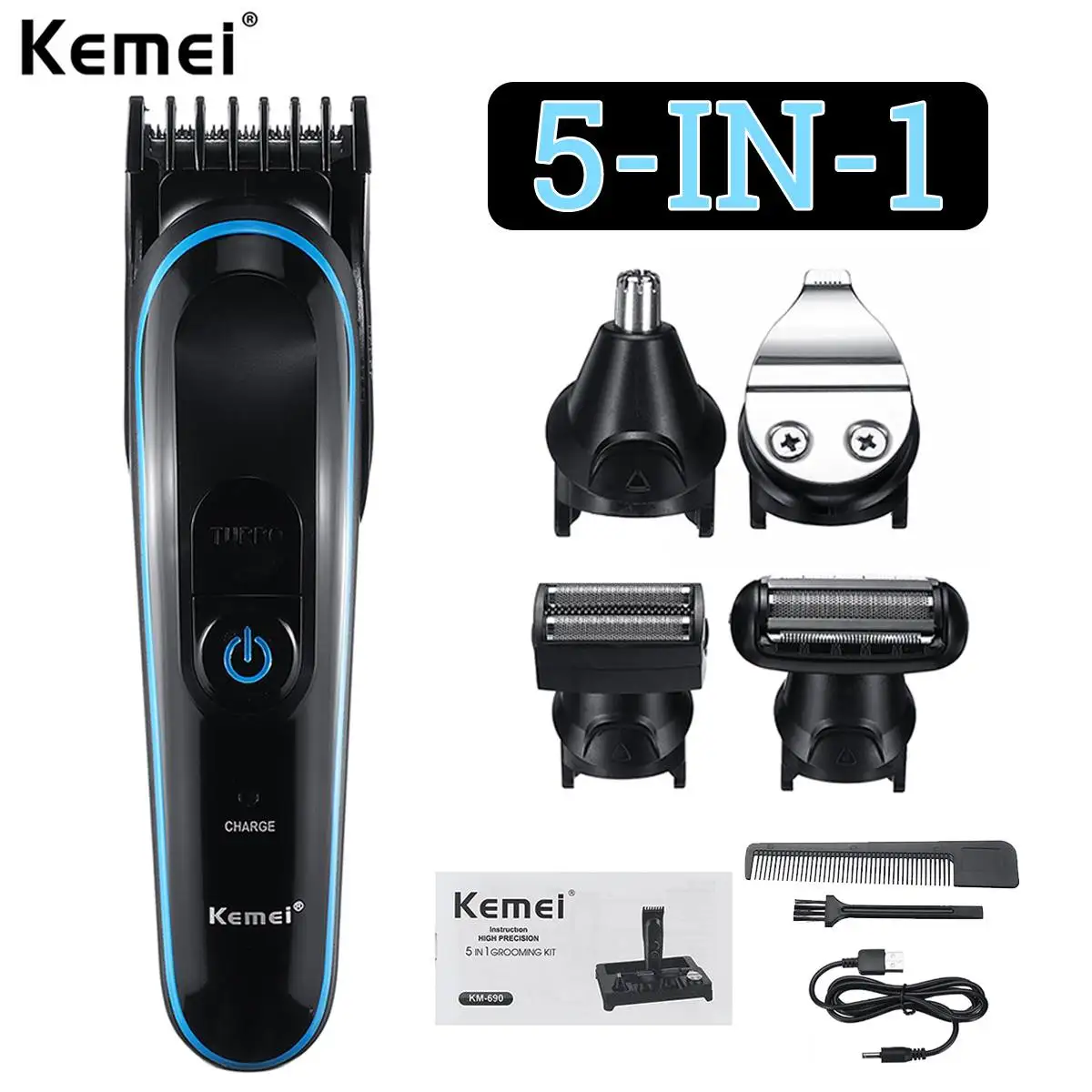 

Kemei 5 in 1 Men's Adjustable Multi-functional Body Hair Trimmer, Professional Rechargeable Electric Ear Nose Hair Clipper
