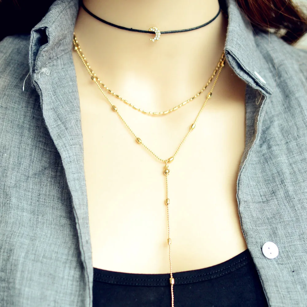 

Handmade Multi Layer Gold Chain Crystal Moon Choker Necklace For Women Necklaces & Pendants Black Rope Chain Boho Chokers A032