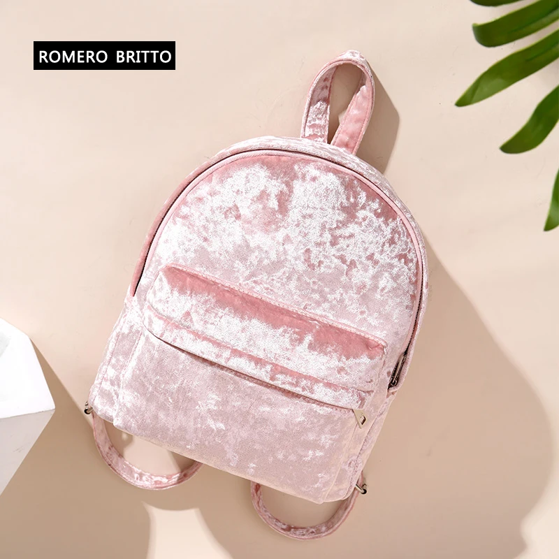 ROMERO BRITTO Velour Backpack Women Fresh Style Small Pink Shoulder Bag For Teenage Girls Fashion Leisure Schoolbag Travel Bags | Багаж и