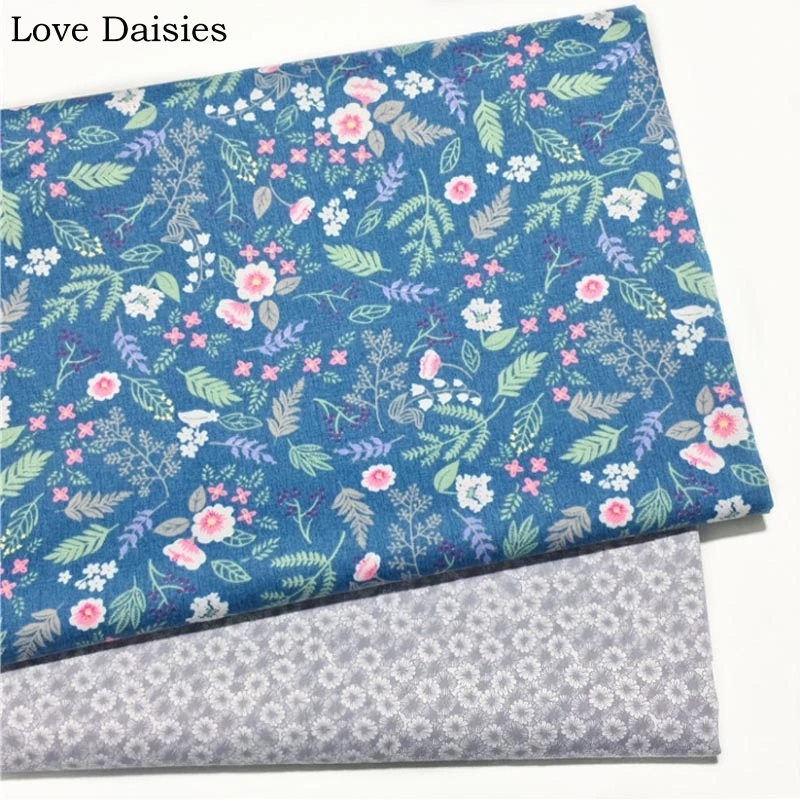 

100% cotton Twill BLUISH GREEN GRAY Small Pink White Flower Floral Leaves Fabrics for Girl Dress Apparel Handwork Bedding decor