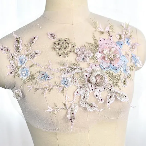 

1 piece pastel blue embroidered 3D floral lace appliques,beaded bridal lace bodice with 3D flower rhinestones bridal accessories