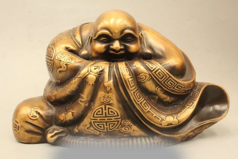 

7"China Chinese Buddhism Fengshui Pure Bronze Happy Laugh Maitreya Buddha Statue