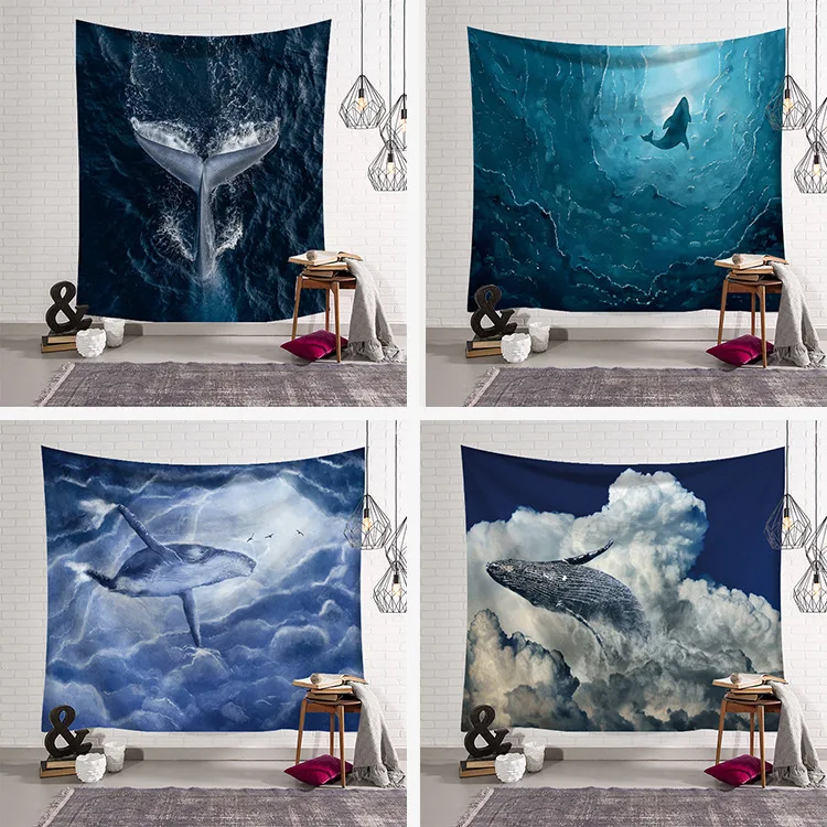 Ocean Whale Wall Hanging Tapestry Picnic Mat Sunset Wave Printing Carpet Polyester Material Theme Hotel Bedroom Decoration | Дом и сад