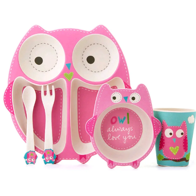 

5pc/set Cartoon Baby Dishes Bamboo Toddler Infant Food Feeding Bowl Cup Plates Sets Tableware Creative Gift For Children
