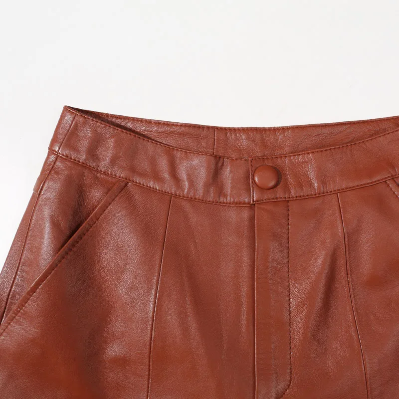 2018 Pantalon Confortable Taille De Femmes Large Mode En Classique Brown Streetwear Style Brun Coréen Haute Véritable Cuir Dames rrwq4d7x