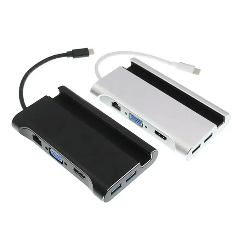 

7 in 1 Type-C to HDMI VGA RJ45 3xUSB3.0 HUB Adapter Splitter Converter Cable Wire with Groove Phone Holder Stand Bracket