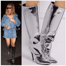 Лидер продаж; красивые женские ботинки; Серебристые зеркальные кожаные сапоги до колена; высокие сапоги до бедра с острым носком; зимние женские сапоги на высоком каблуке