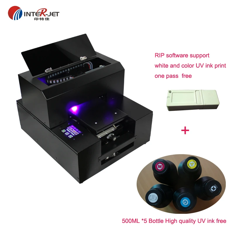 

3D Flatbed LED UV printer A4 size + 500ml*5bottles UV ink + RIP support white&Color print one pass