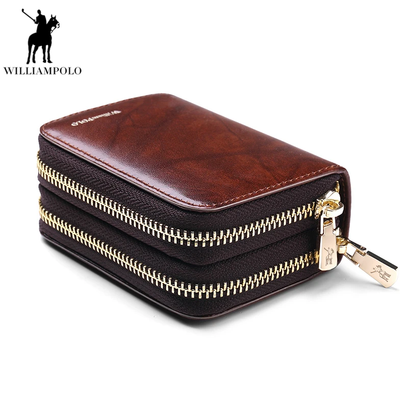 

Williampolo Genuine Leather Credit Card Holder Men Double Zipper Business Card Wallet Driver License Case ID Card Holder PL290
