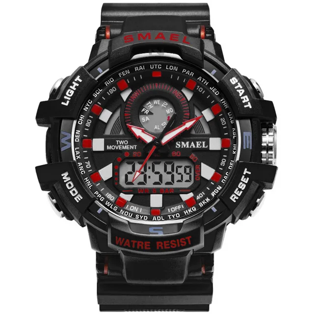 SMAEL, мужские военные часы, светодиодный, кварцевые часы, спортивные часы для мужчин, двойной дисплей, наручные часы, relogios masculino, 30 м, водонепроницаемые - Цвет: Black Red