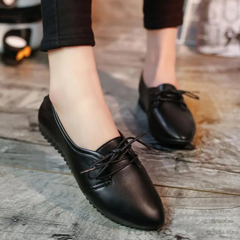 

Women Ladies Fashion PU Leather Whiter Black Shoes,Shallow Pointed Toe Cross-tied Lace-up Casual Shoes Flats Breathable Non-slip
