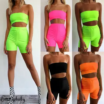 

Sexy Women High Waist 2PCS Set 2019 Summer Womens Ladies Sleeveless Crop Top And Shorts Two Piece Set Gym Clubwear Streetwear