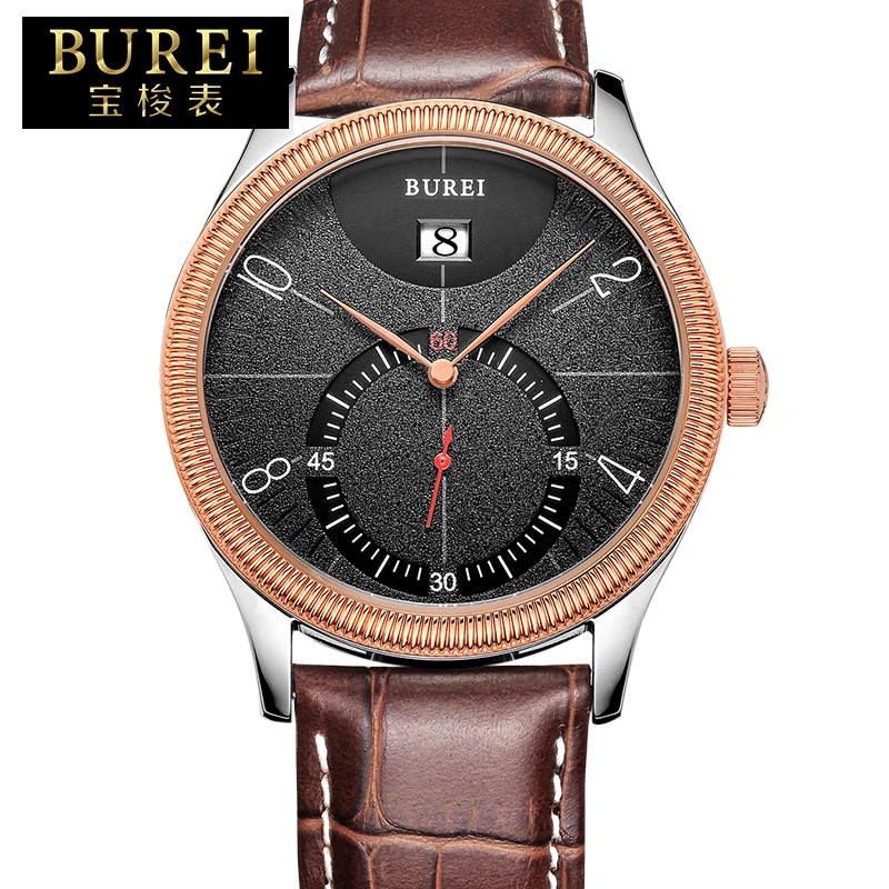 

BUREI Brand Business Mens Sapphire Mirror Genuine Leather Band Quartz Watch Waterproof Wristwatches With Premiums Package 3033